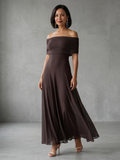 Off-shoulder draped midi dress in brown, front view