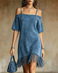 Blue Spaghetti Strap Off-Shoulder Fringe Maxi Dress