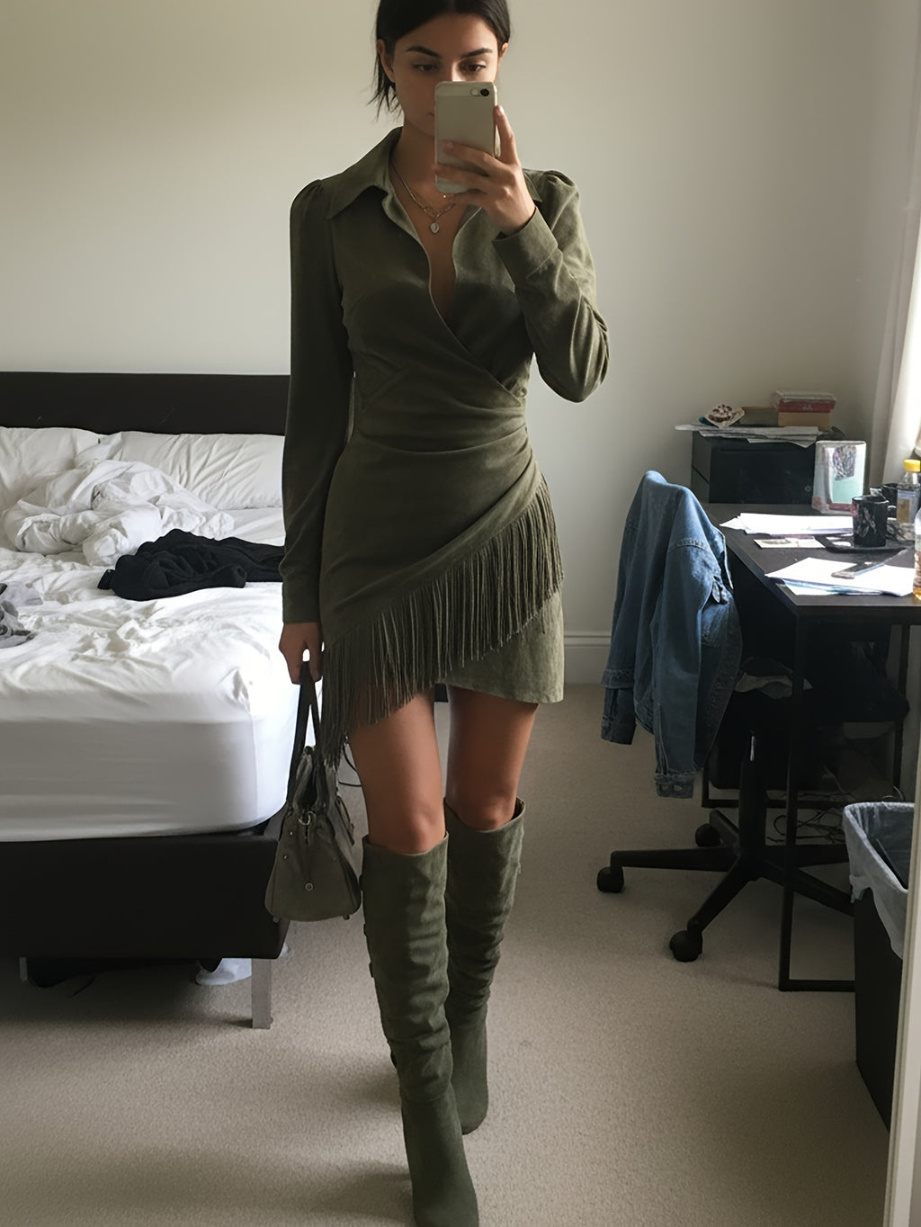 Fern Green Fringe Wrap Mini Dress
