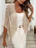 Women's open-front crochet knit cardigan in beige, front view