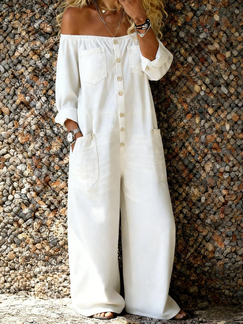 Denim Off-Shoulder Overalls