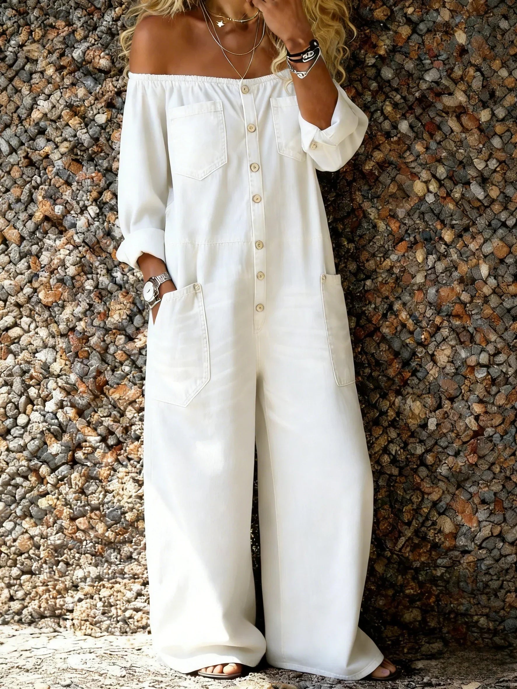Denim Off-Shoulder Overalls