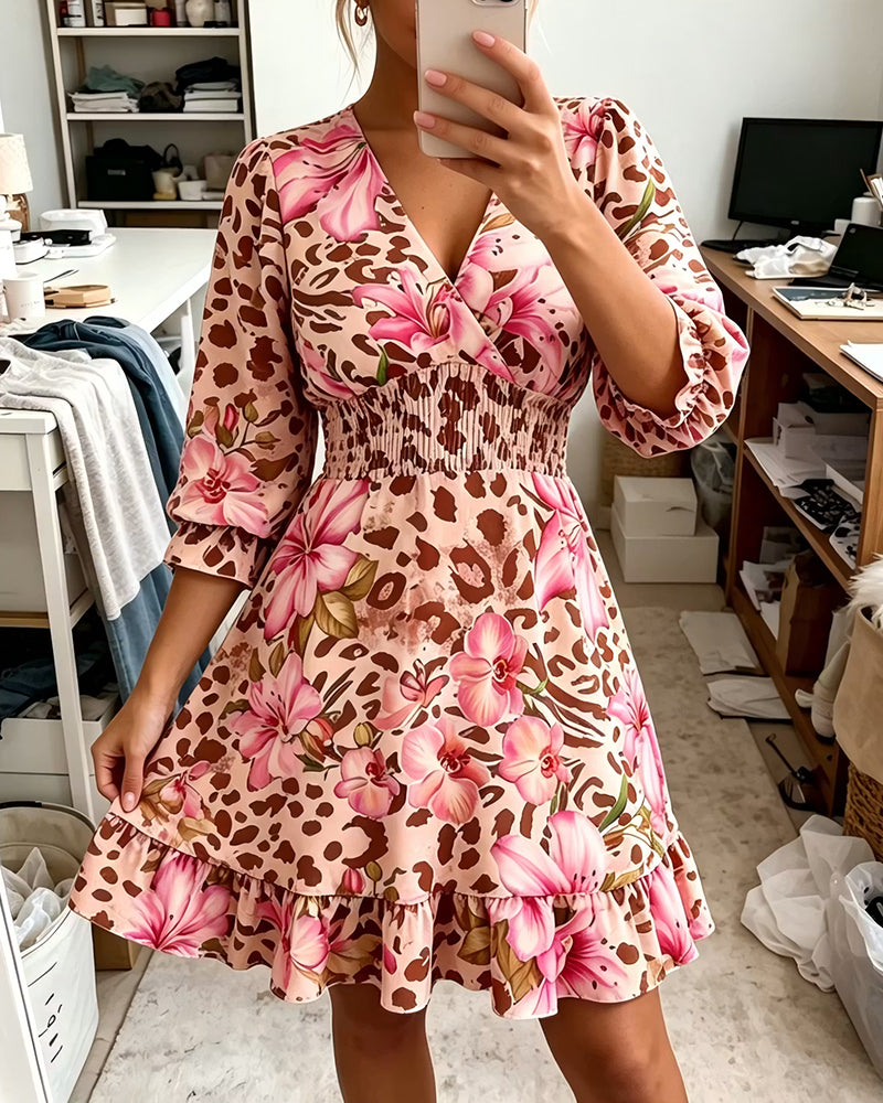 V-Neck Floral Print Waist Cinching Bubble Sleeve Dress