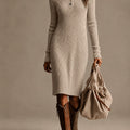 Khaki Ribbed Knit V-Neck Midi Dress