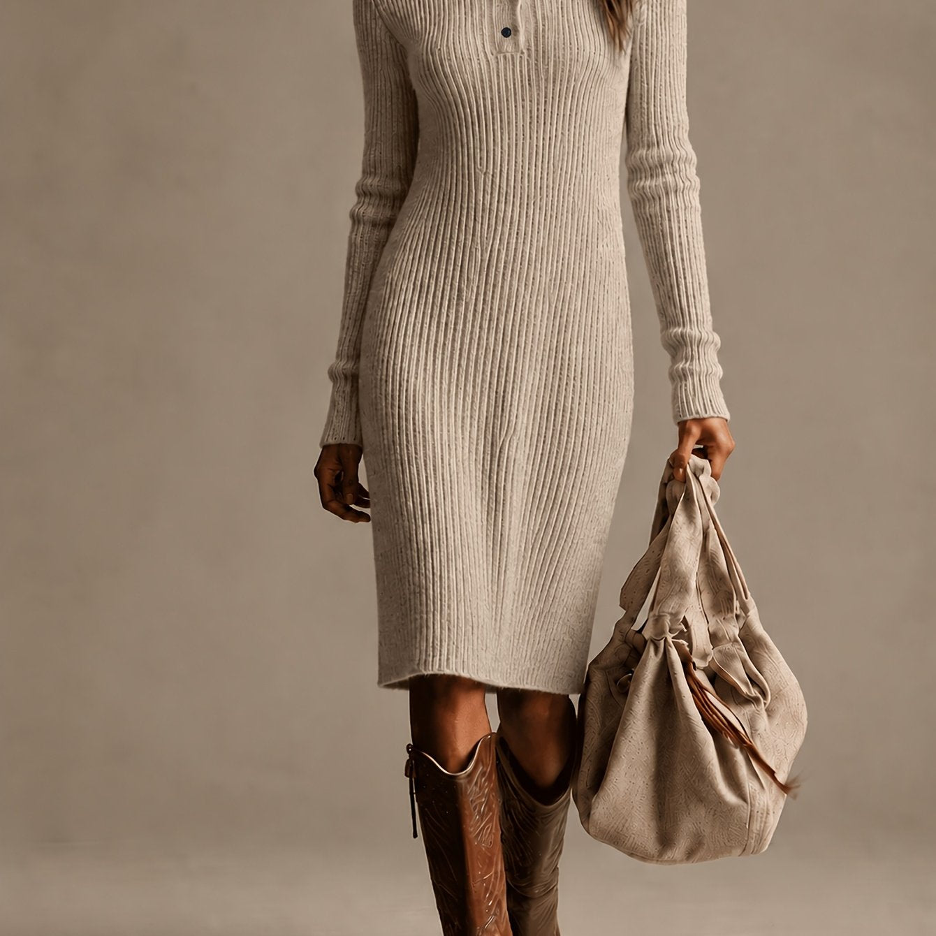 Khaki Ribbed Knit V-Neck Midi Dress