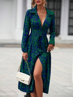 Women's geometric print belted shirt dress full outfit view