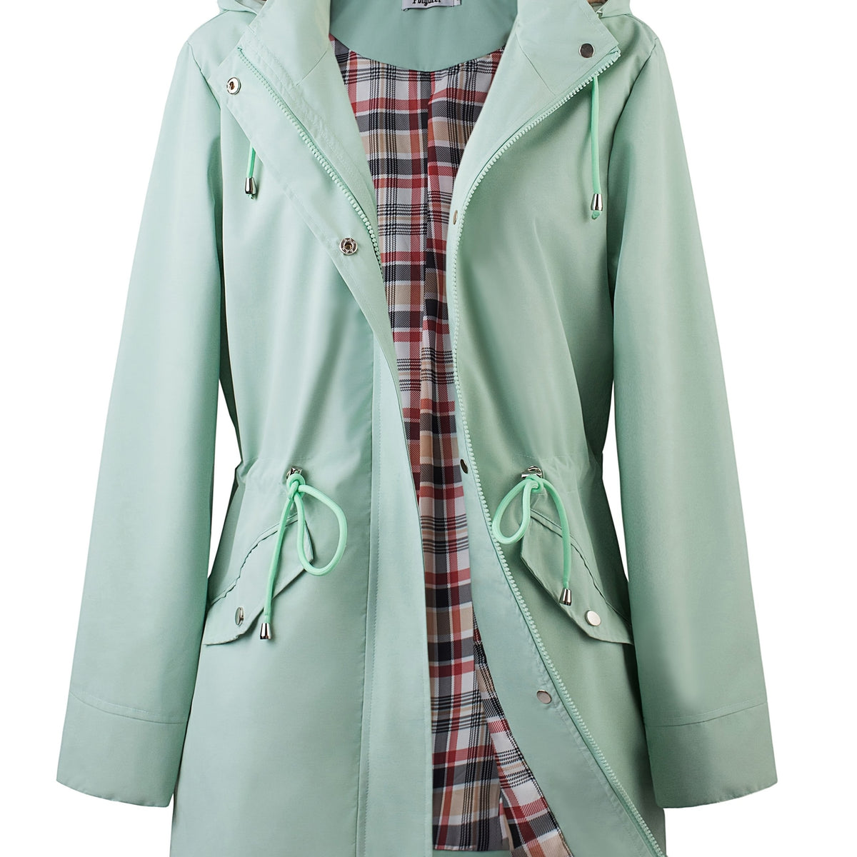 Hooded drawstring waist zip up coat with a zip up placket front in Light Green