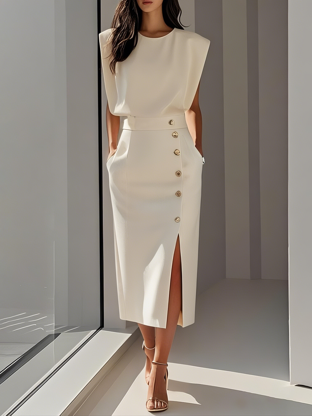 Solid Midi Dress with Button Slit