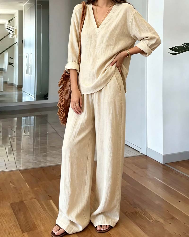 Beige V-Neck Long-Sleeve Wide-Leg Co-ord Set — worn on model