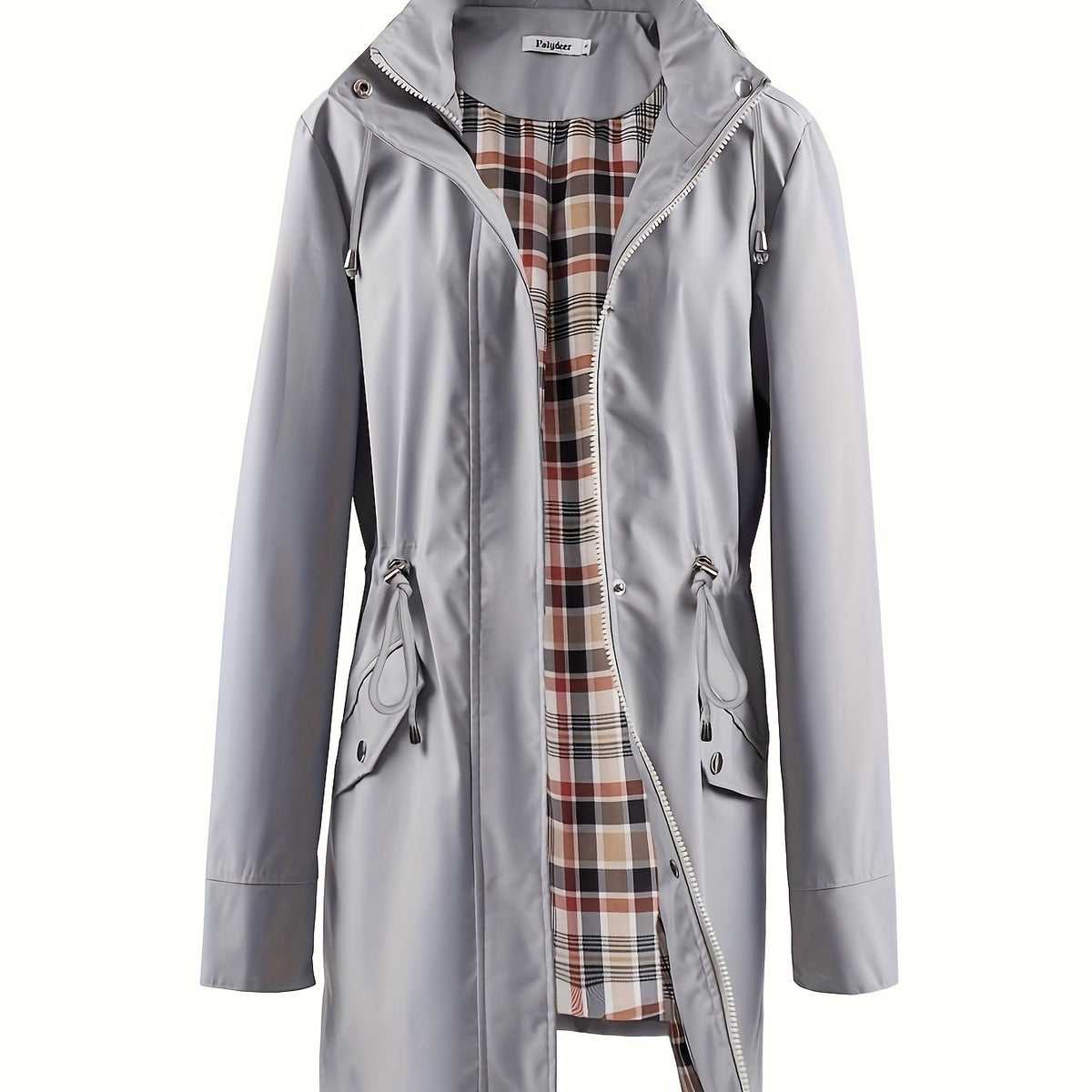 Hooded drawstring waist zip up coat with an attached hood in Grey