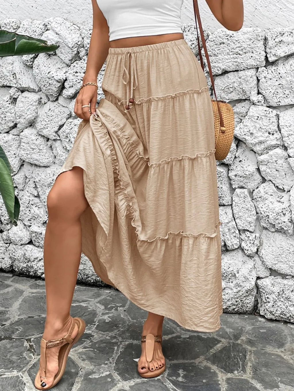 Bohemian Pleated Maxi Skirt in Khaki, back view