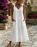 V-neck sleeveless lace knotted midi dress, front view
