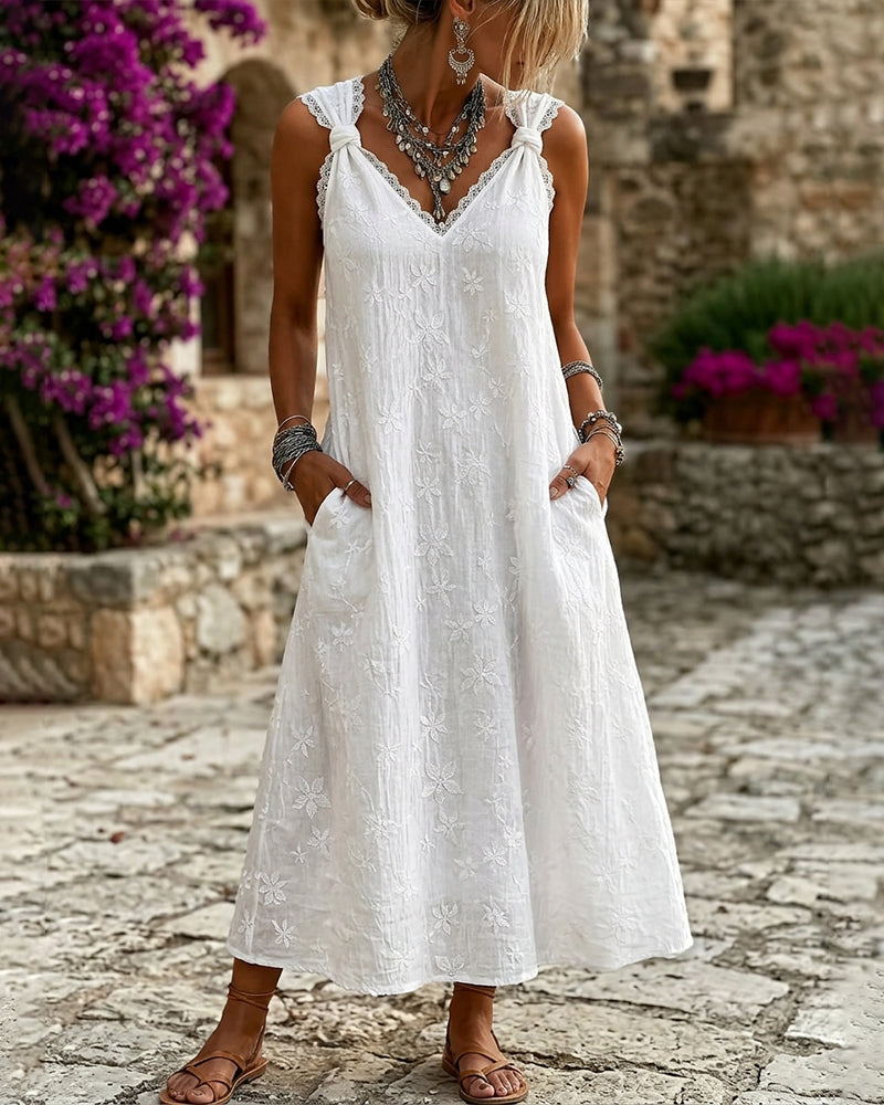 V-neck sleeveless lace knotted midi dress, front view