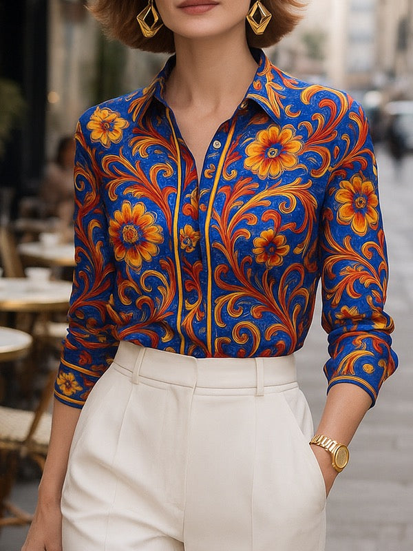Flower Print Lapel Buttoned Blouse