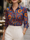 Flower Print Lapel Buttoned Blouse