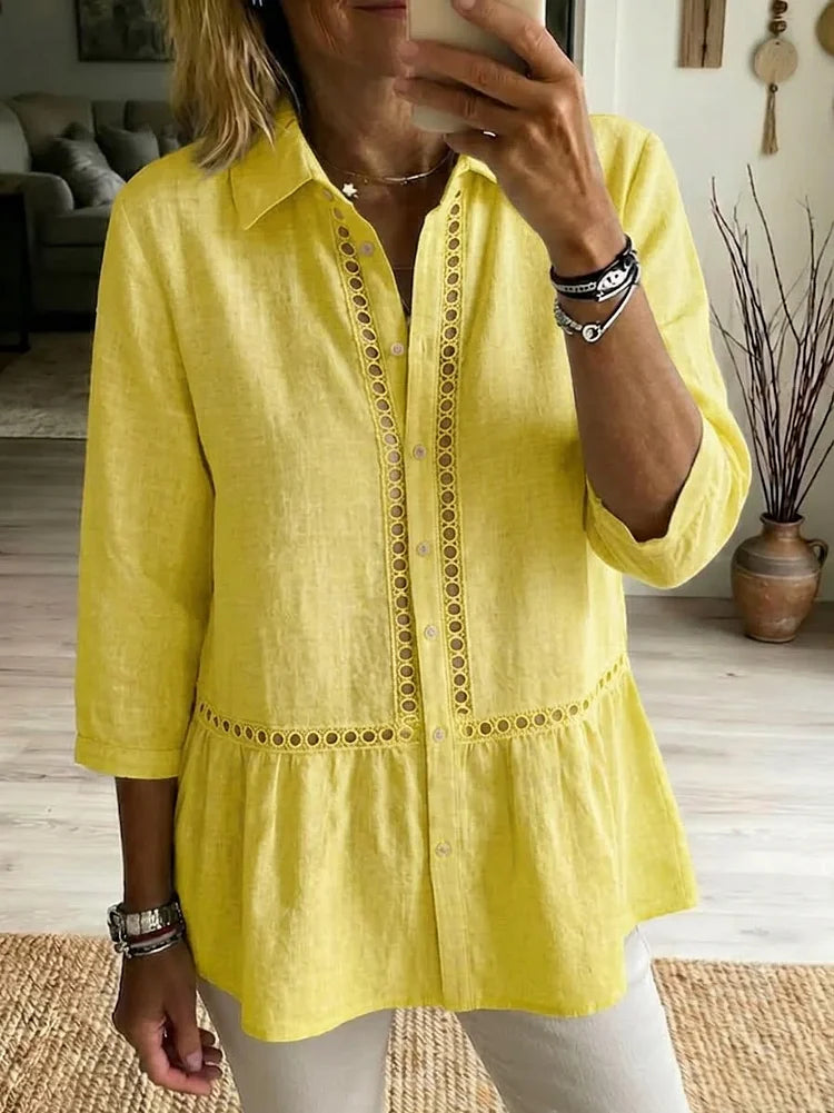 Patchwork linen shirt close-up detail, openwork panels and webbing trim | Alba Muse