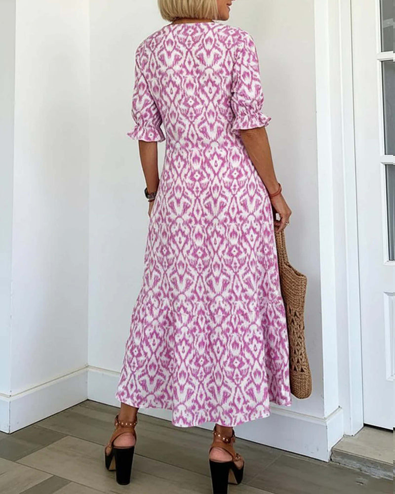 V-neck print A-line midi dress, side view
