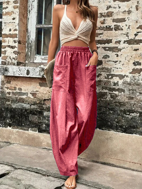 Loose Fit Elastic-Waist Trousers with Pockets