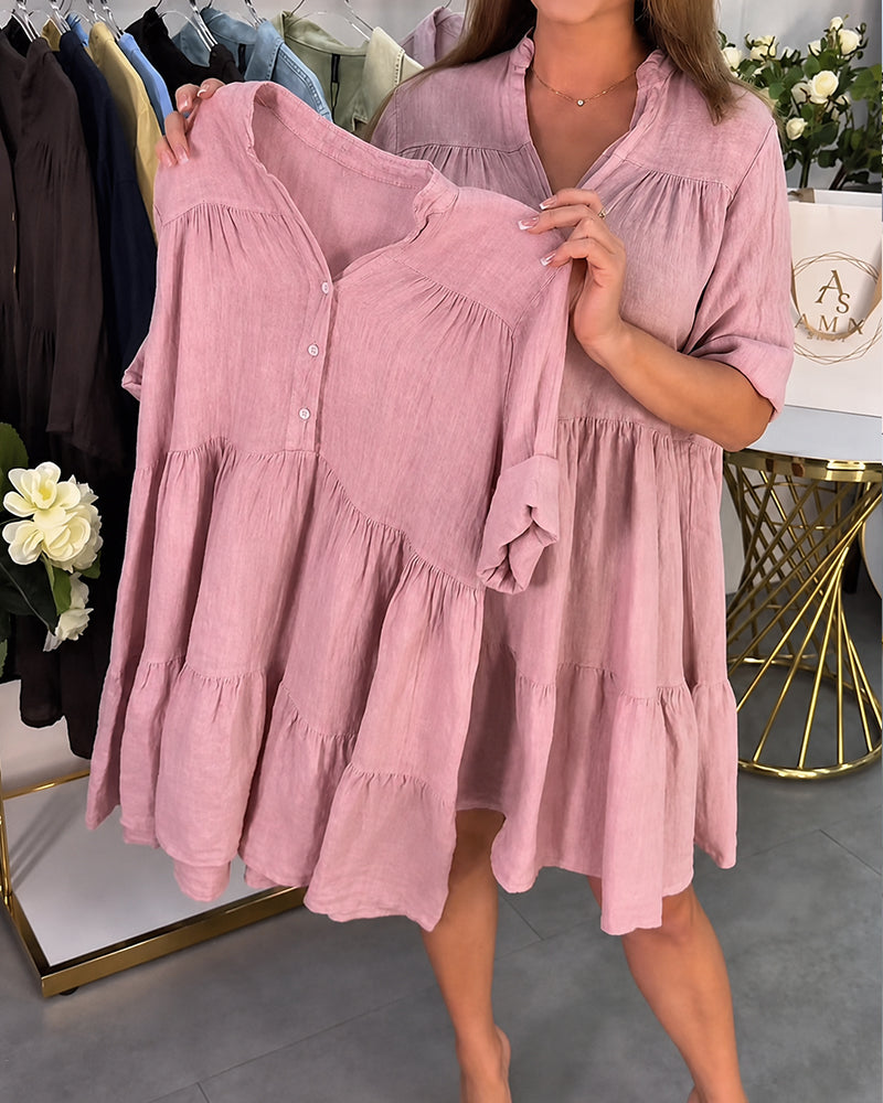 Pink Mandarin Collar Elegant Midi Dress