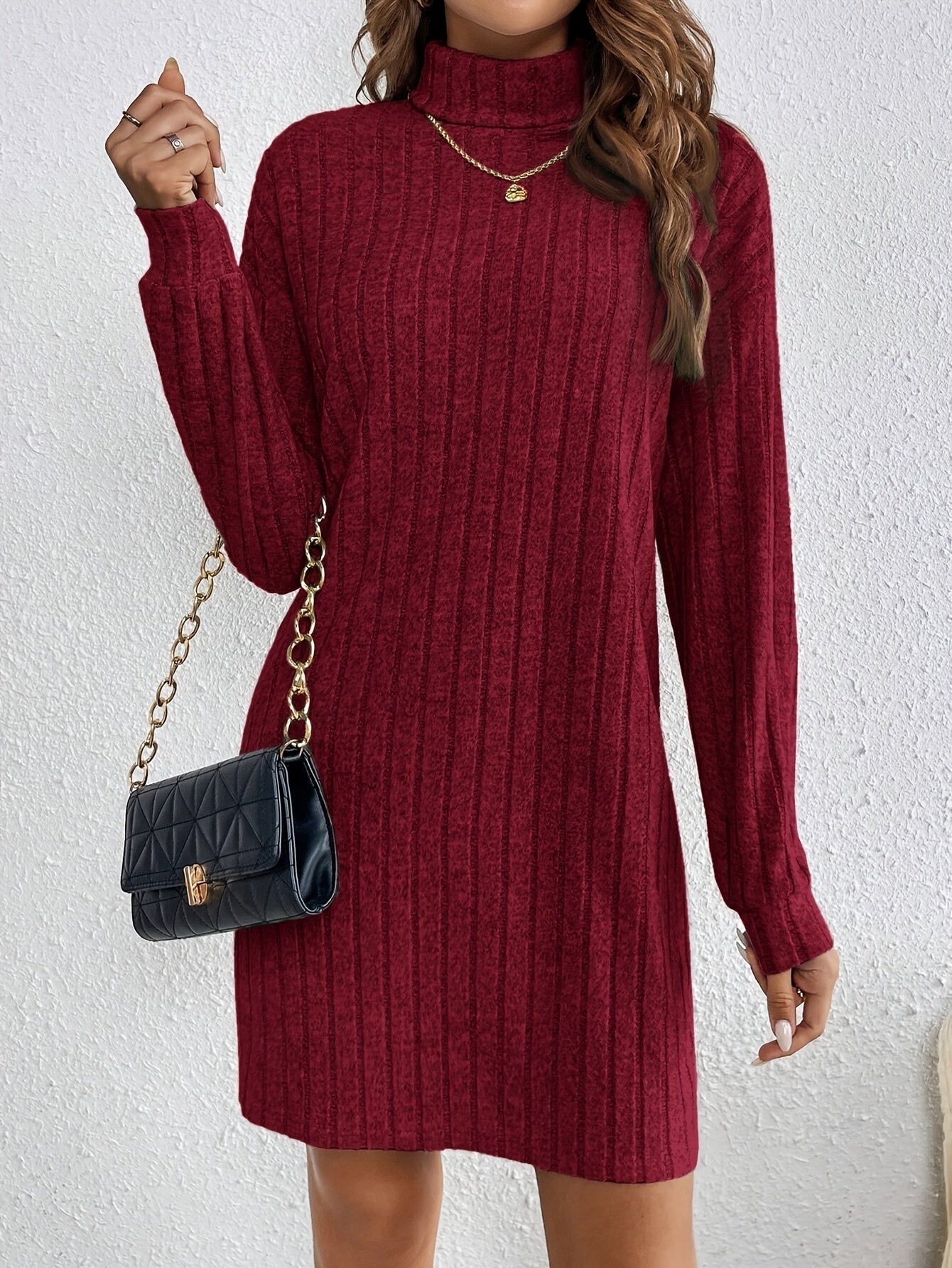 Ribbed roll neck stretch jumper dress with long sleeves