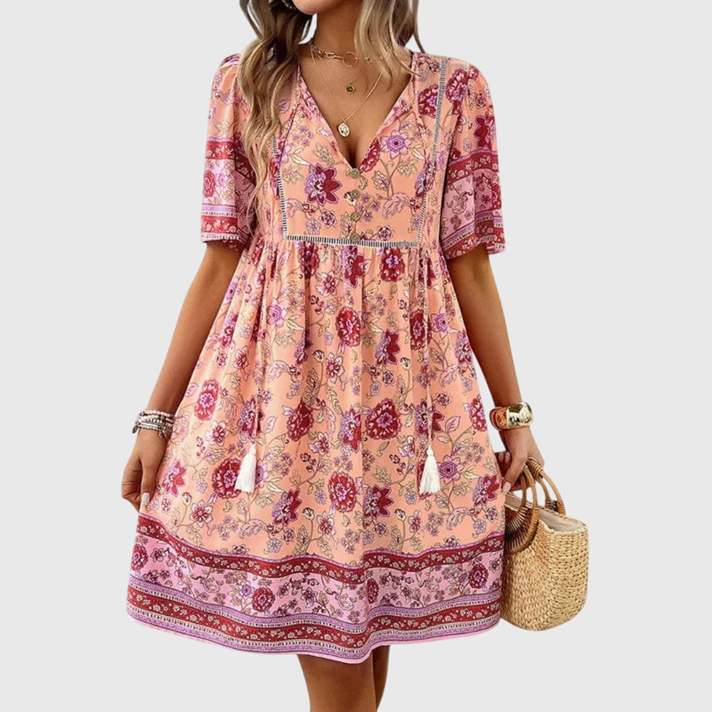 Elegant relaxed fit midi dress in beige, front view