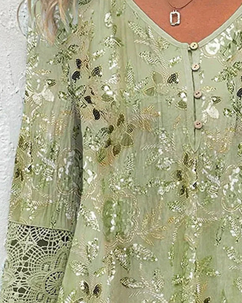 Green floral lace patchwork button blouse, back view