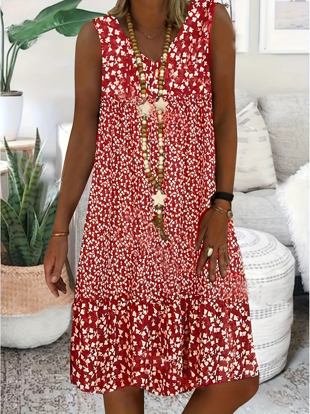 Directional print V-neck sleeveless summer midi dress | Alba Muse