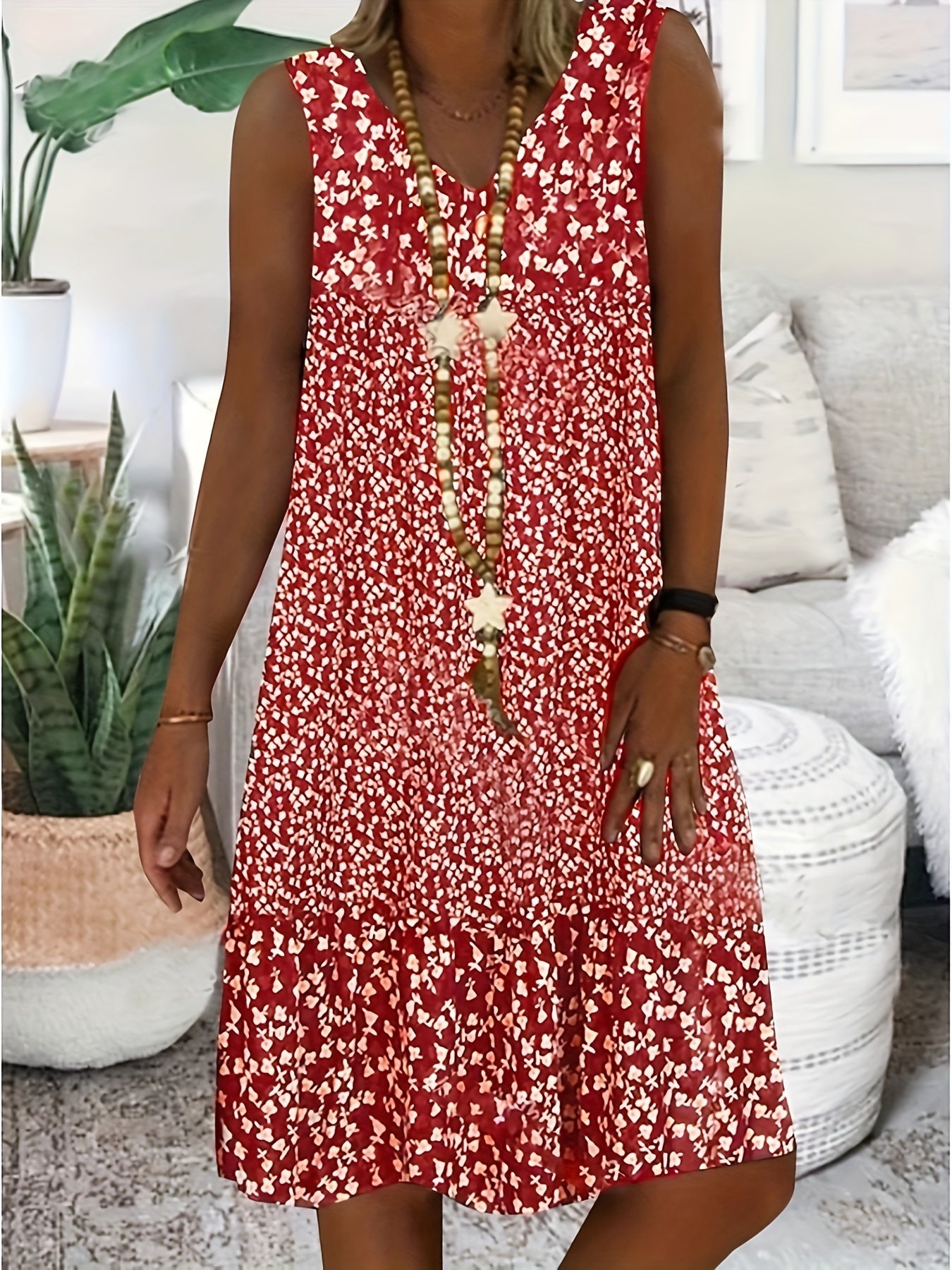 Directional print V-neck sleeveless summer midi dress | Alba Muse