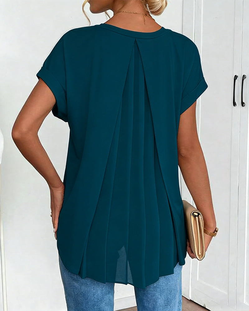 V-Neck Solid Colour Patchwork Short Sleeve T-Shirt