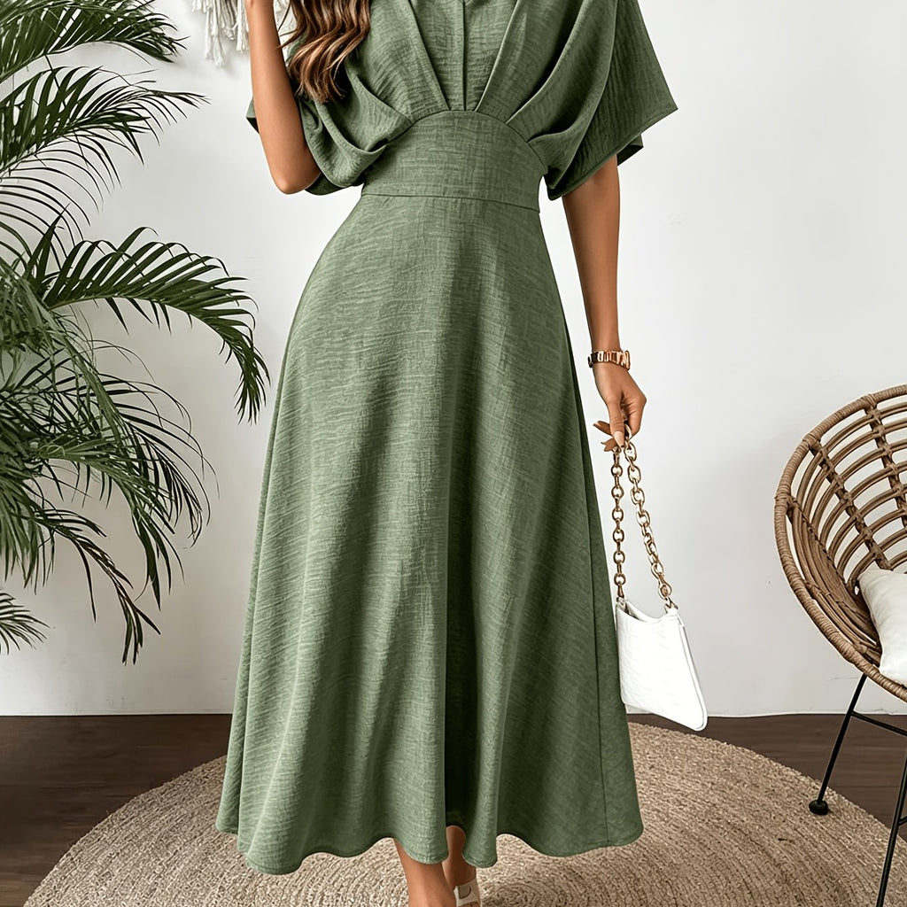 Batwing Sleeve Ruffle V-Neck Midi Dress