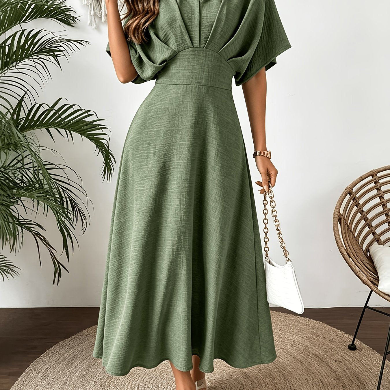 Batwing Sleeve Ruffle V-Neck Midi Dress