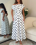 Polka dot ruched A-line maxi dress on model | Alba Muse