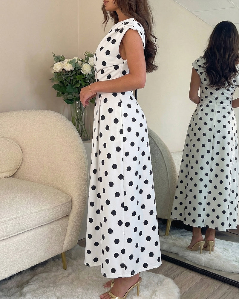 Polka dot maxi dress ruched shoulder | Alba Muse