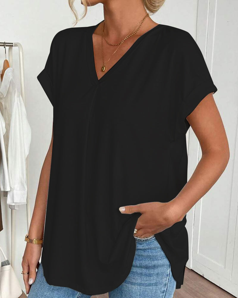 V-Neck Solid Colour Patchwork Short Sleeve T-Shirt