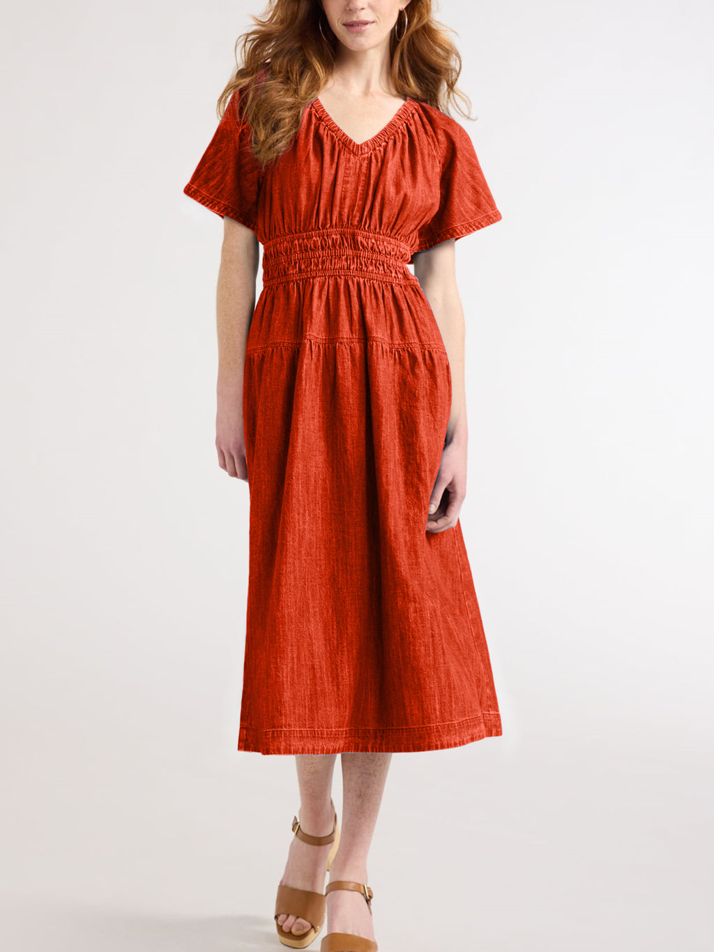 Denim midi dress with tiered skirt and ruched waist detail