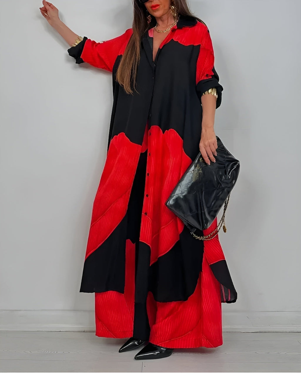 Cropped top wide leg trousers set in red, front view