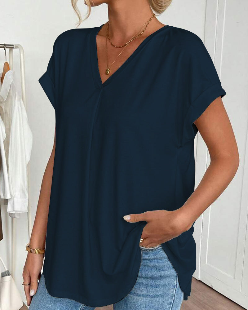 V-Neck Solid Colour Patchwork Short Sleeve T-Shirt