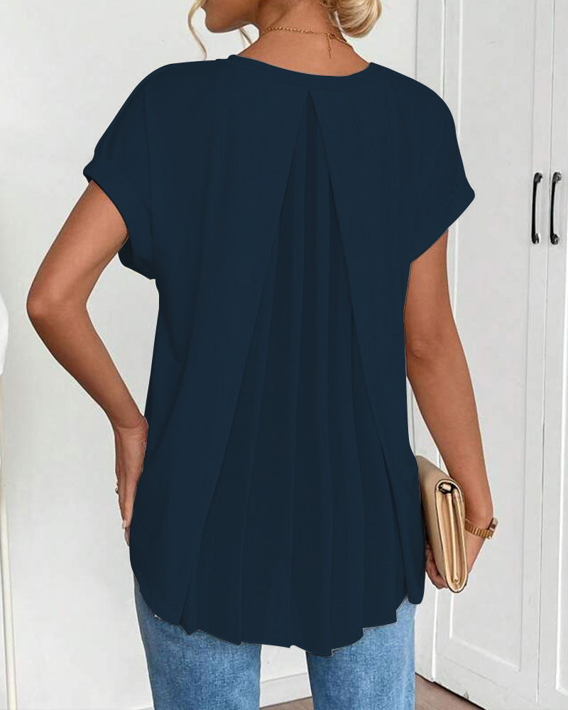 V-Neck Solid Colour Patchwork Short Sleeve T-Shirt