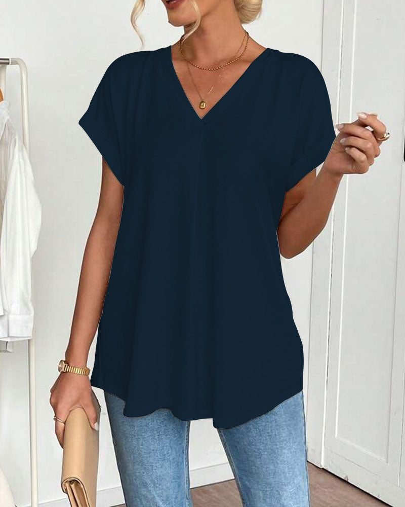 V-Neck Solid Colour Patchwork Short Sleeve T-Shirt