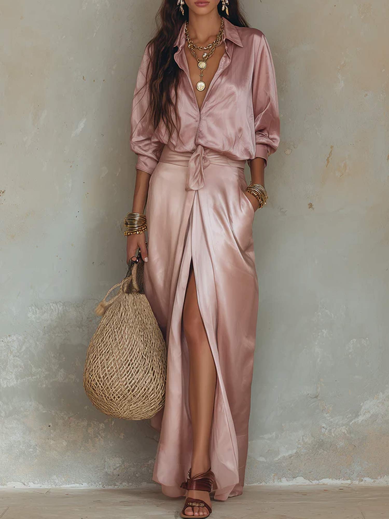 Women's satin shirt and wide leg trouser set in dusty pink, side view