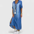 Denim dress in denim blue with side split, front view