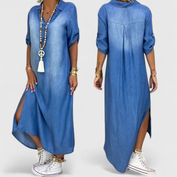 Casual loose fit denim dress in denim blue, side view
