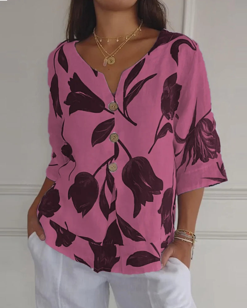 Floral Print Three Quarter Sleeve Cotton Linen Blouse