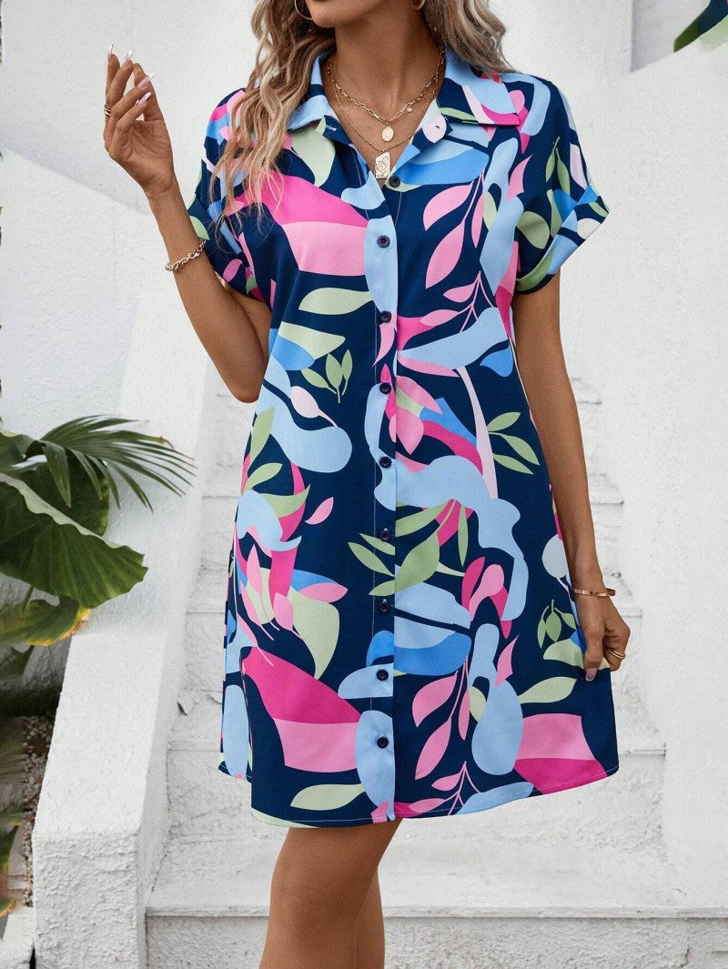 Casual printed shirt dress in dark blue, front view