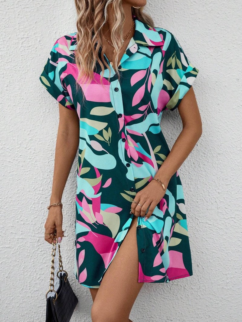Casual printed shirt dress in peacock green, front view
