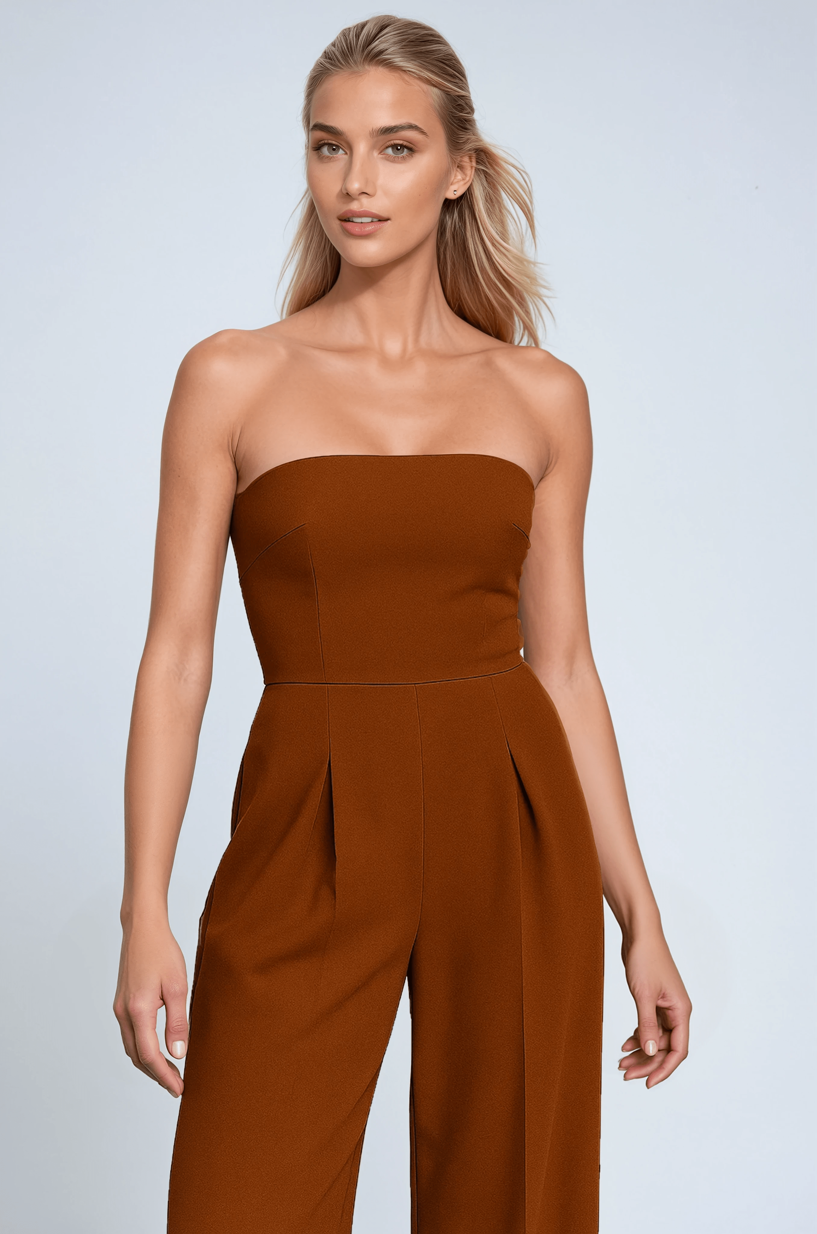 Strapless Jumpsuit with Wide-Leg - Timeless Elegance in Rust Brown