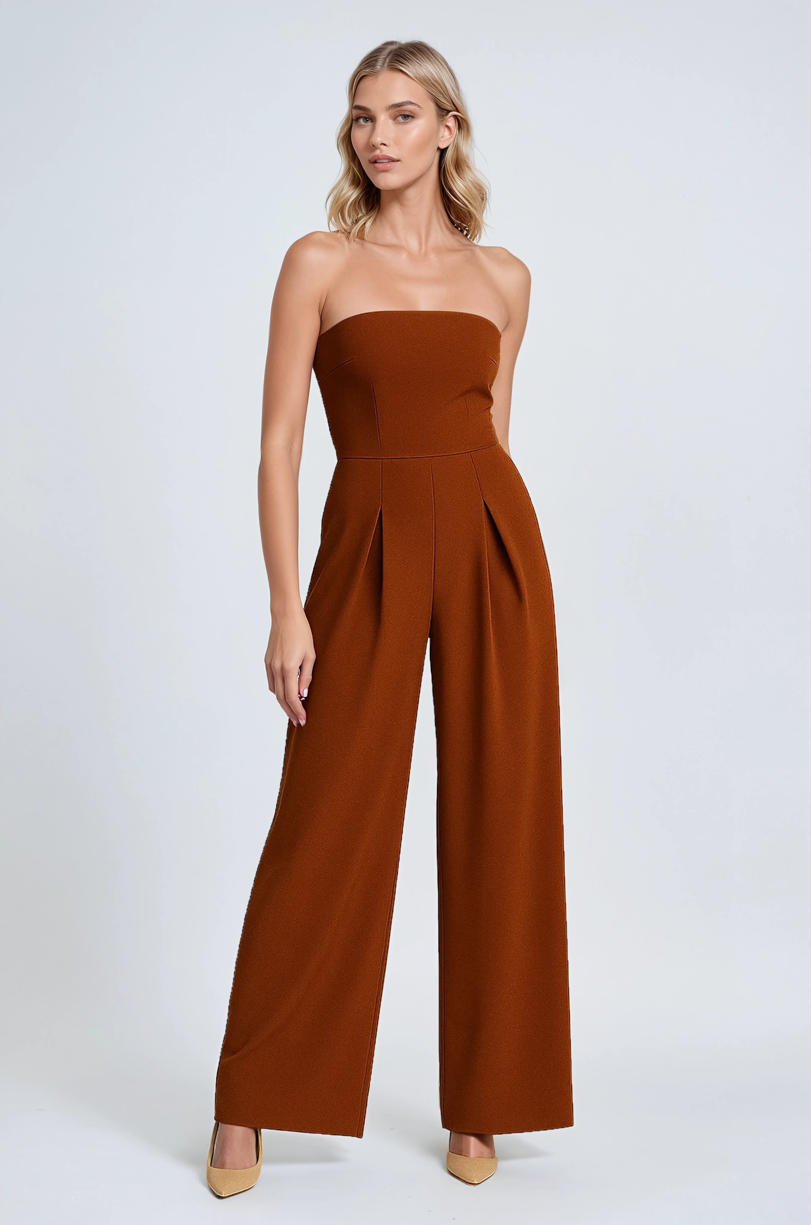Strapless Jumpsuit with Wide-Leg - Timeless Elegance in Rust Brown