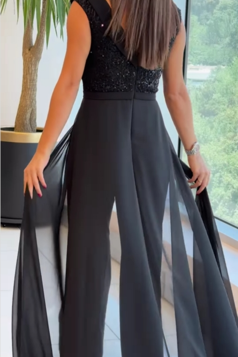 Wide-Leg Jumpsuit Textured Panel Black | Alba Muse
