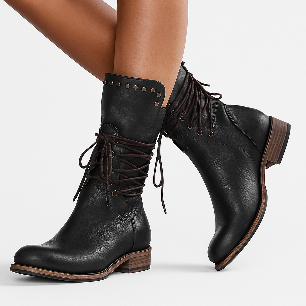 Lace-Up Studded Boots in Brown | Alba Muse