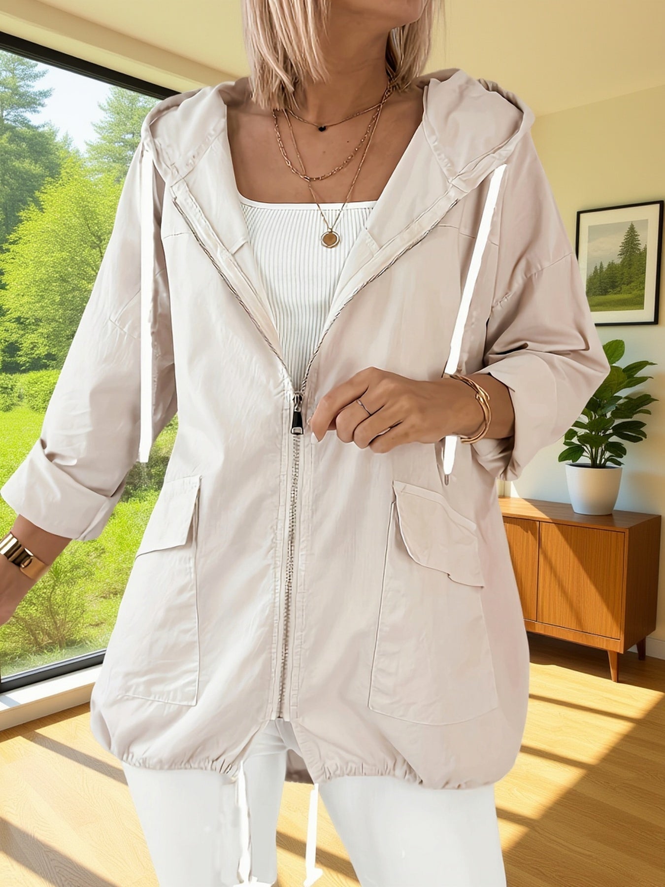 Beige casual thin hooded jacket, front view